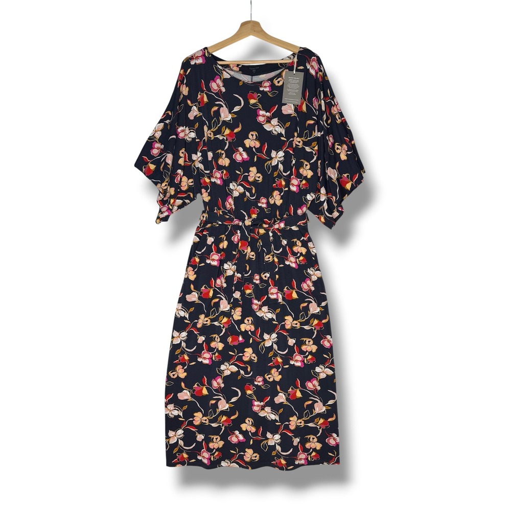 Garnet Hill Prato Knit Navy Floral Midi Dress Pockets Women's M Travel NWT